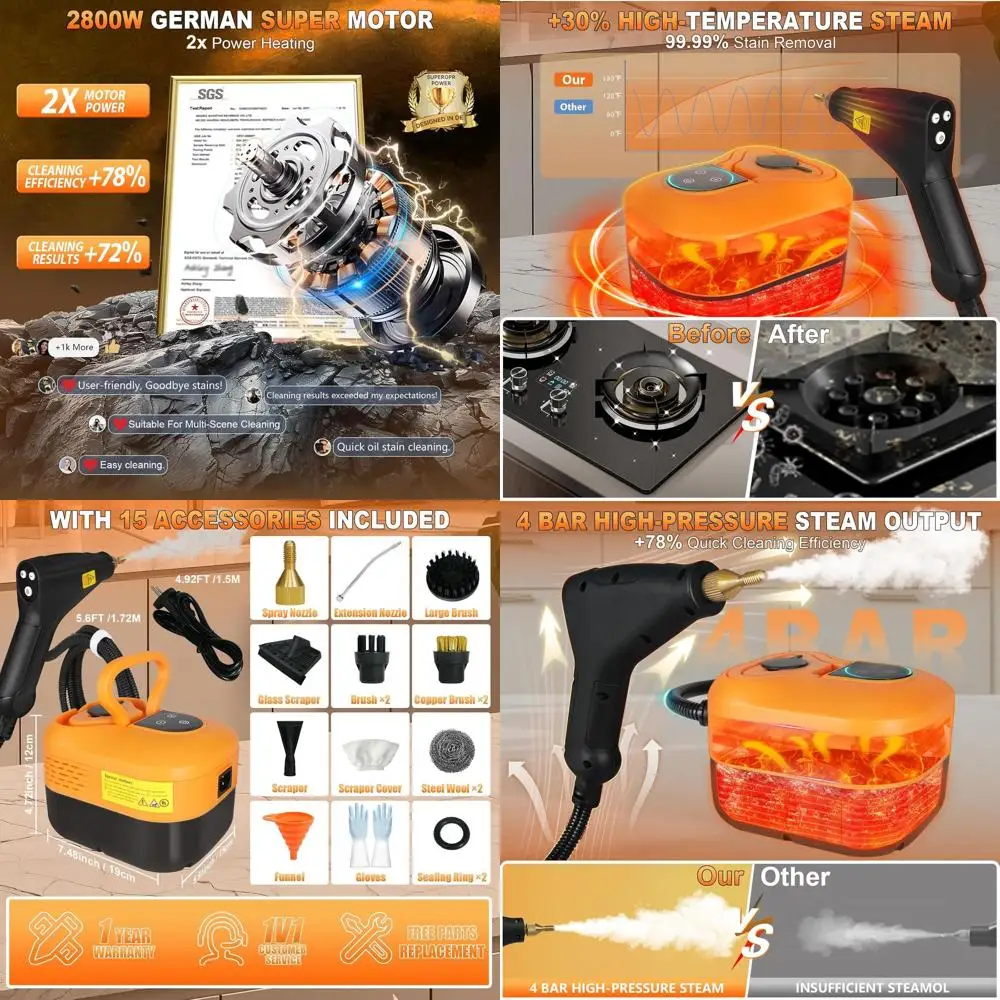 

Портативный пароочиститель 15 в 1 с двигателем мощностью 2800 Вт и 6-уровневым контролем давления для дома, автомобиля и кухни — оранжевый