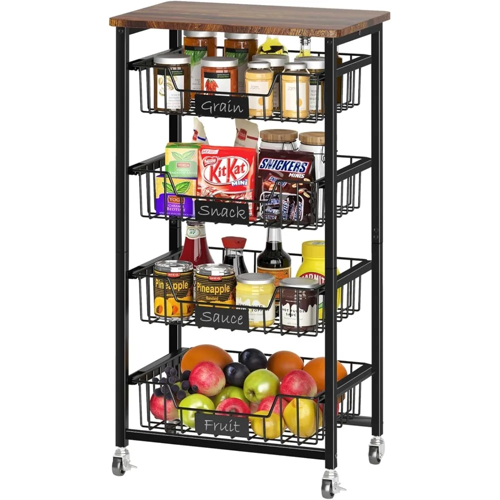 

Kitchen Storage Cart with Wheels, 5-Tier Metal Utility Rolling Cart Fruit Vegetable Storage Basket Pantry Rack with Wood Top