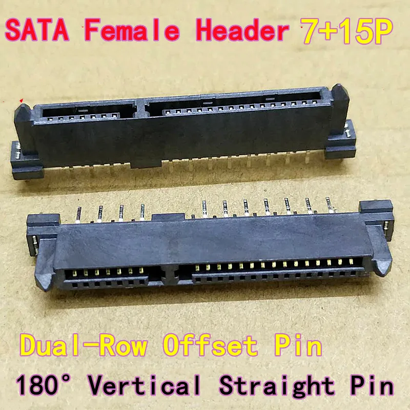 10PCS SATA Connector Socket SATA Female Header 7+15P (22P Total) 180° Vertical Straight Pin, Dual-Row Offset Pin, Through-Hole