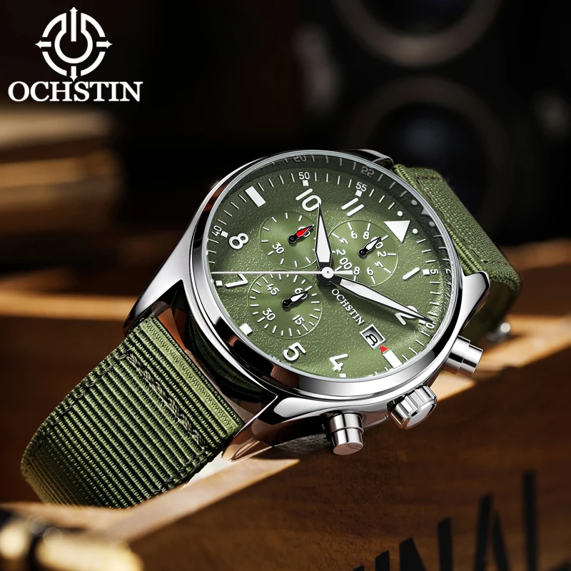 OCHSTIN Sports Men's Switzerland Top Brand Pilot Male Wristwatches Nylon Strap Waterproof Quartz Chronograph Army Military Clock