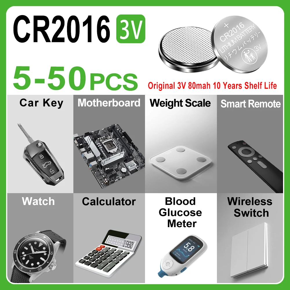 CR2016 Battery Lithium Coin Cell 3V for Watch, Remote Control, Key Fob, Calculator, Toys, Medical Devices BR2016,DL2016,LM2016