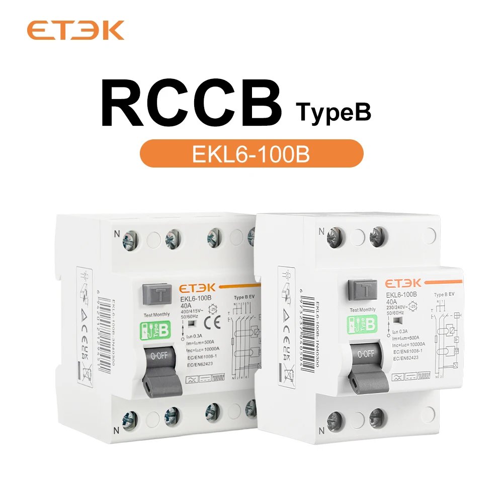 

ETEK TYPE B Earth Leakage Current breaker RCD RCCB Din Rail 2Pole 4Pole 40A 63A 100A 30mA 300mA For EV Charger RCD EKL6