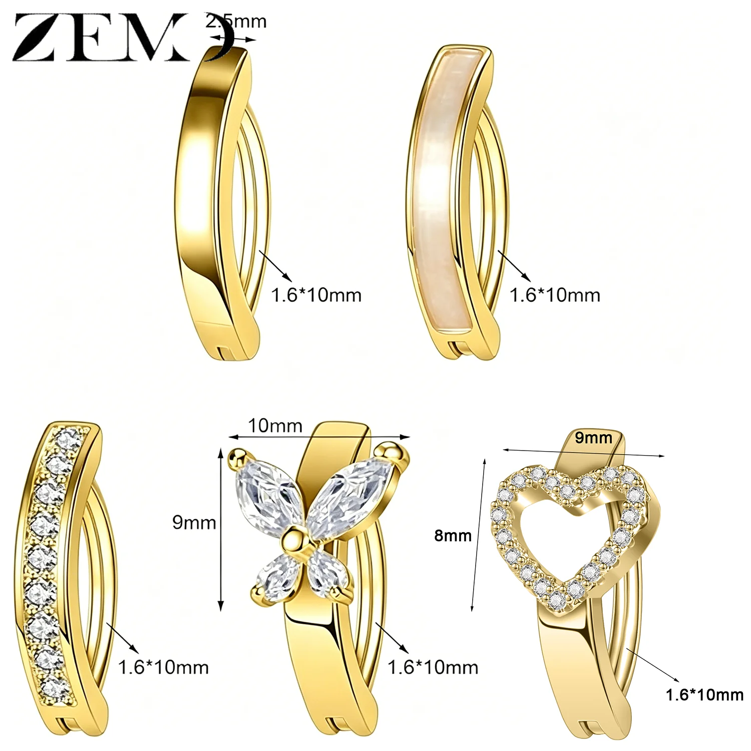 ZEMO 1 PC 14G Navel Rings Heart Butterfly Belly Button Piercing Zircon Clicker Reverse Navel Barbell Rings Piercing Jewelry 10MM