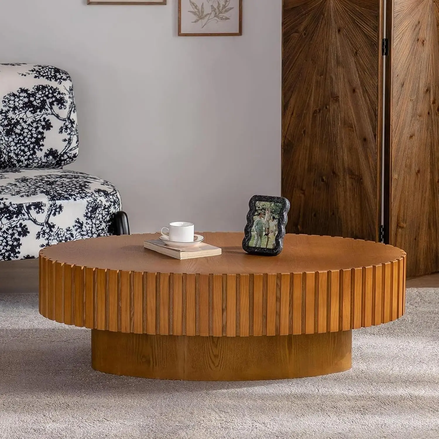 

Brown Oval Coffee Table Oval Drum Fluted Coffee Table Modern Wood Handcrafted Fluted Drum Coffee Tables For Living Room (Wood, 4