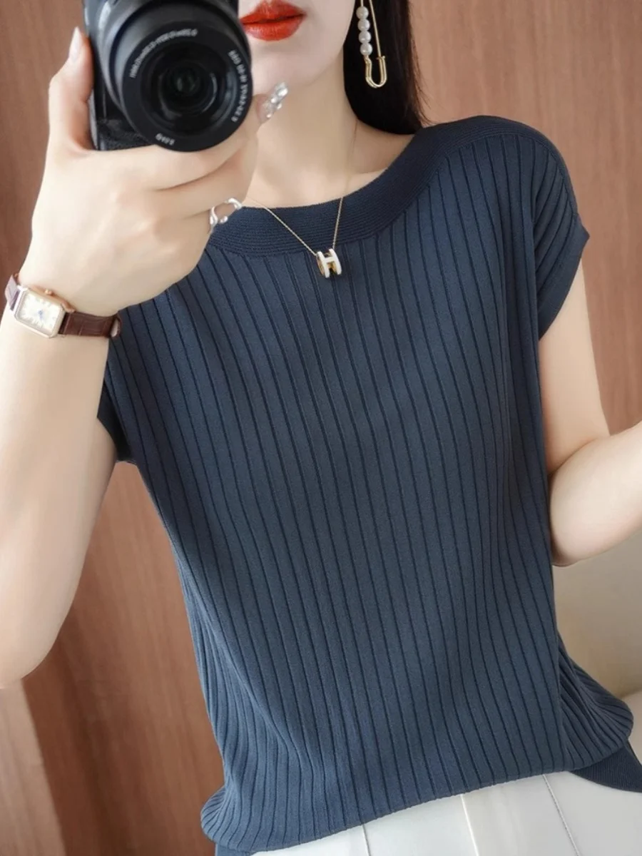 

Summer Thin Ice Silk Knitted ort Sve T-irt Women's Loose Fit Versatile Top f Sve New 2024 Sle Commute Faion