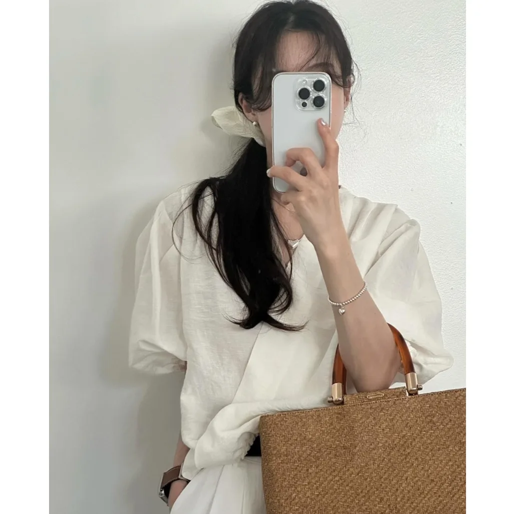 Koreanische Sle Loose Summer ort Sve V-Ne Bubble Sve irt Damen Chic Wrap Body irt Bubble Sve Chiffonbluse