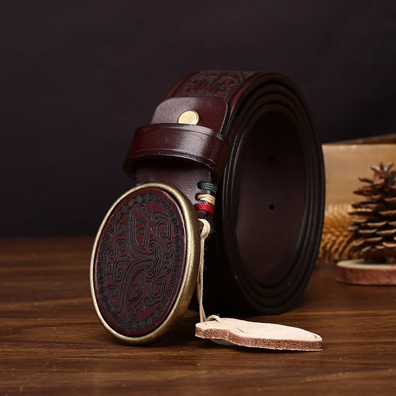 Retro Trend Luxury Design Laser Engraved Pattern Smooth Buckle Belt for Men, Men Genuine Leather Cowhide Casual Pants Belts