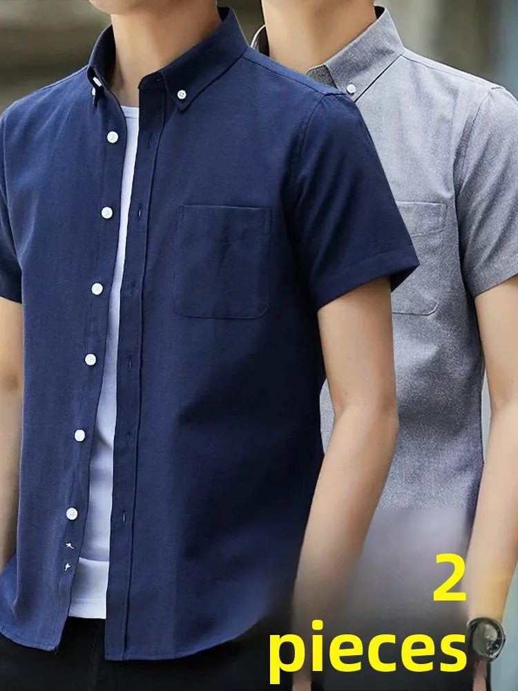 Summer Oxford Cloth Short Sleeve Shirt Men's Casual Slim Fit Handsome Half Sleeve Casual Shirt Cotton Pure Color Jacket