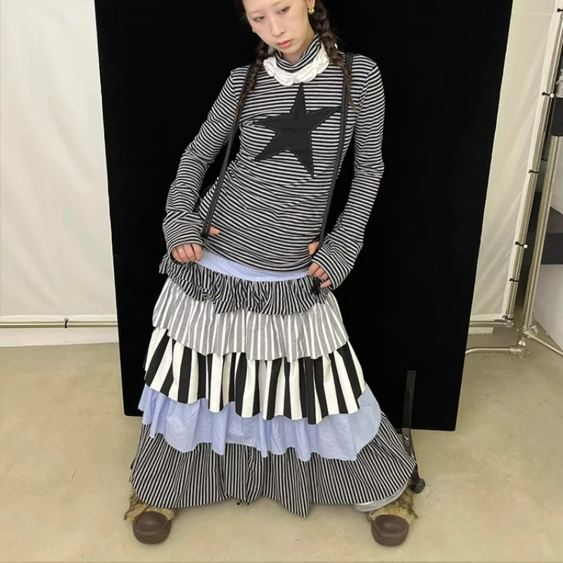 2025, Herbst-Winter-Damenbekleidung, originelles Design, Retro-gestreift, gestrickt, Spleißen, mehrstufig, niedlich, vielseitig, langer Rock für Damen