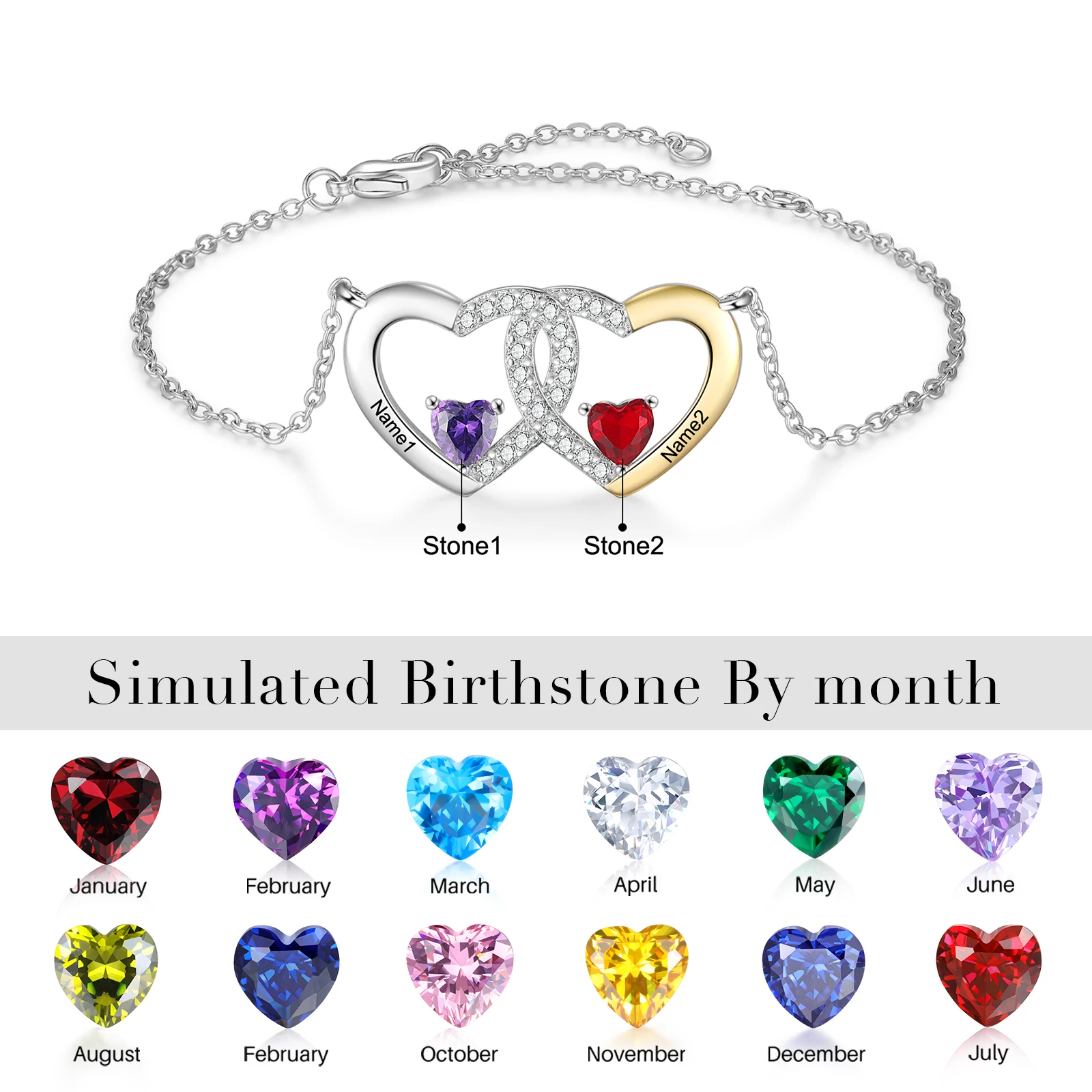 Mother's Day Personalized Love Heart Gold Bracelet Women Mom Custom Name CZ Birthstone Charm Chain Gift for BFF Sister Wife