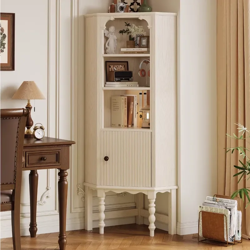 White Corner Cabinet for Living Room Wall Mounted Storage Display Shelf Three Corner Unit Home Decor Organizer Cream Style