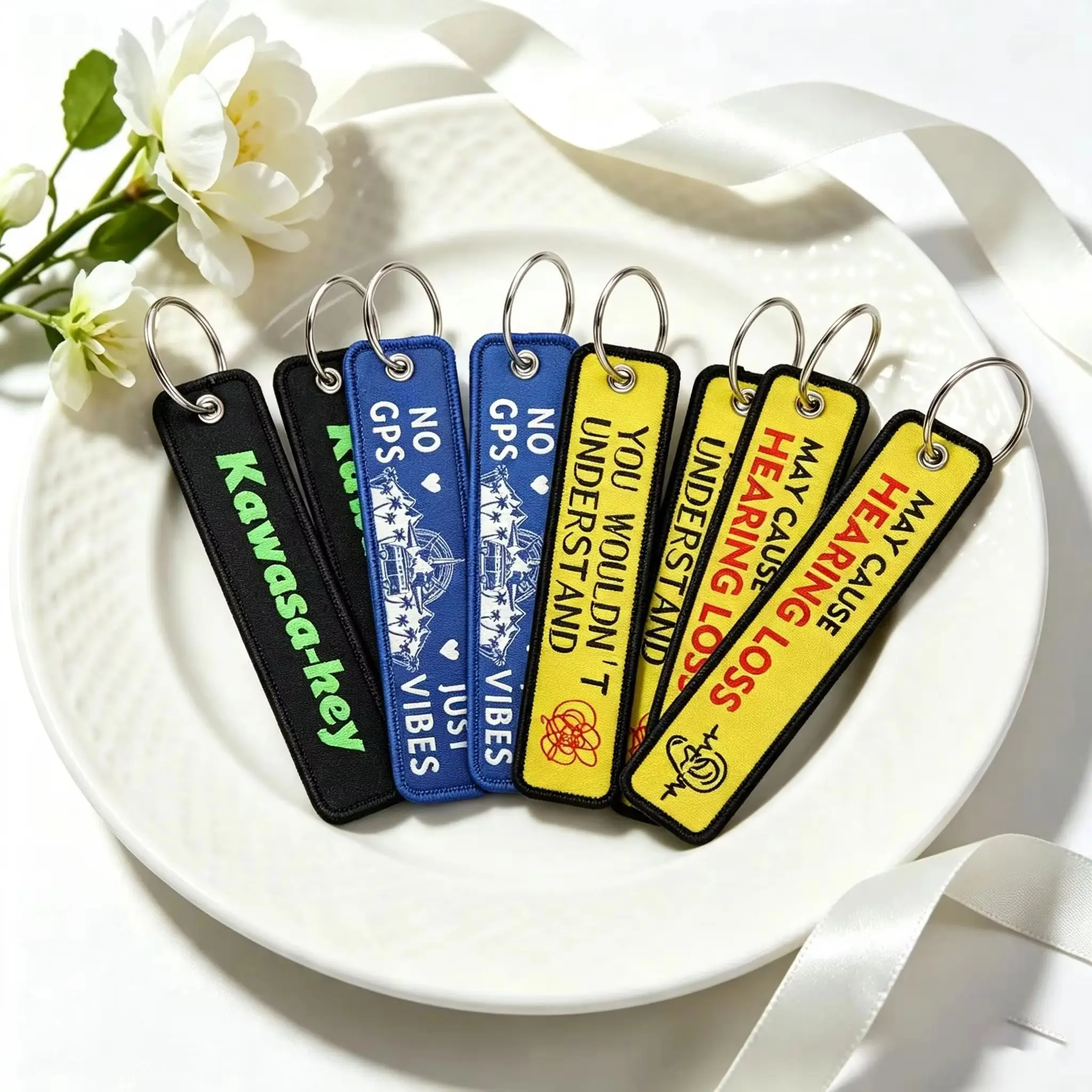 1pcs Humorous Funny Sayings Embroidered Jet Tag Keychain Motorcycle Car Bag Hanging Key Lanyard Tags Novelty Gift For Bikers Men