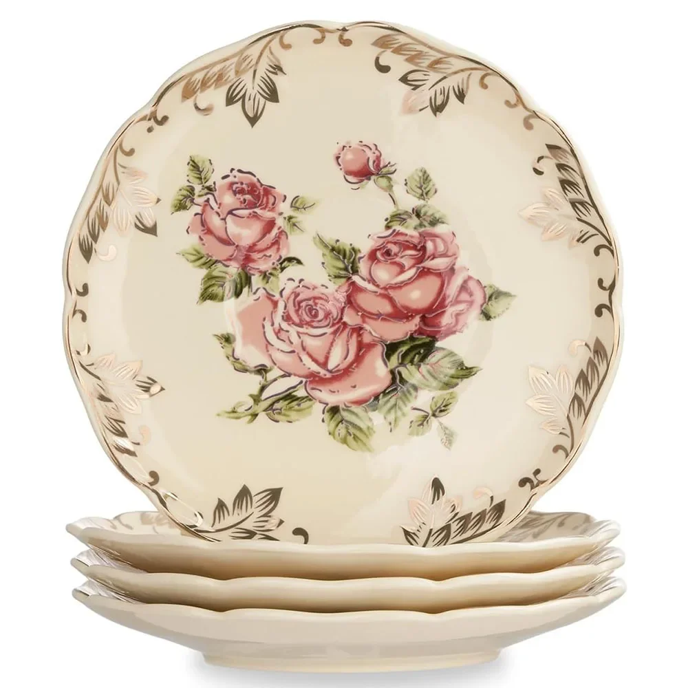 4pcs/lot Floral Tea Saucers, 5.8 inch Ivory Porcelain Plates for Cups,Dish with with Gold Leaves Trim, Ideal for Tea Parties