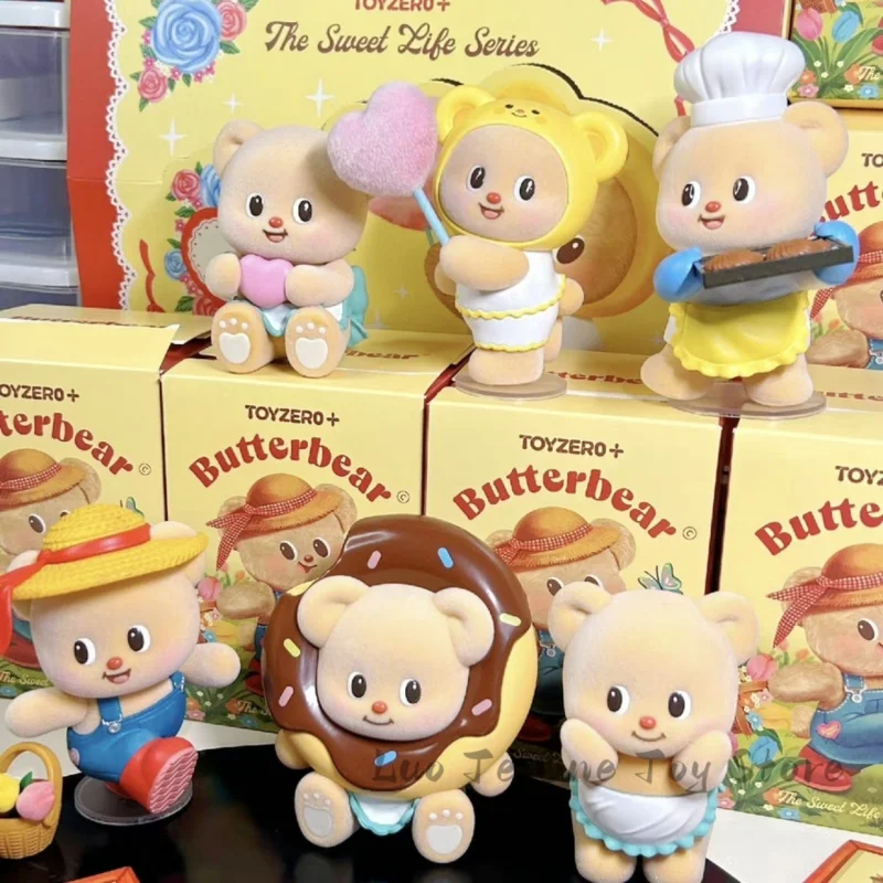 Blind Box Original Butterbear Sweet Life Series Doll Toys Action Figure Butterbear Flocking Figurines Desktop Gifts Kids Girls