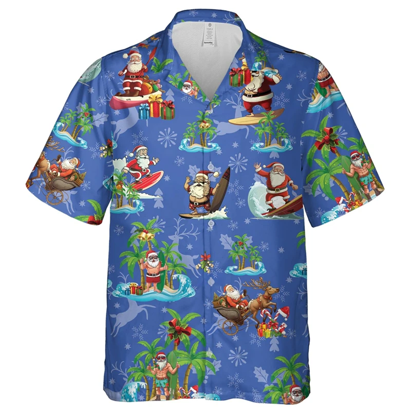 

Hawaii Christmas Party Shirts For Men Clothes Cute Snowman Santa Claus Short Sleeve Casual Unisex Blouses Xmas Gift Lapel Blouse