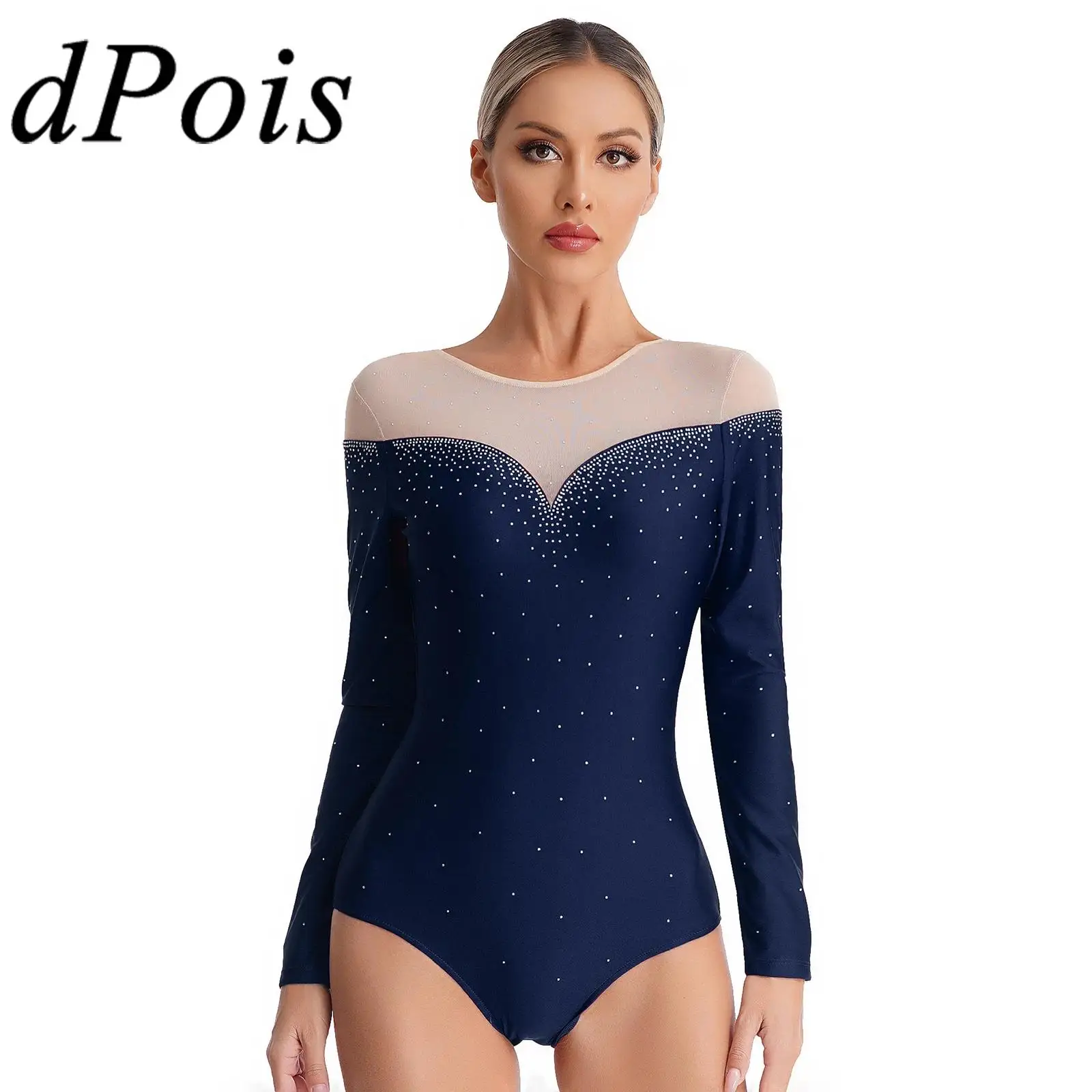 Womens Long Sleeve Figure Skating Jumpsuit Rhythmic Gymnastics Leotard for Woman Rhinestone Acrobatics Bodysuit Dance Costume