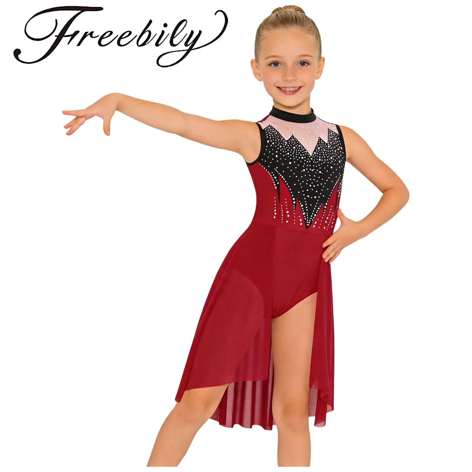 

Kids Girls Patchwork Dance Leotard Decoration Lyrical Mock Neck Sleeveless Waist Mesh Overlay Crotch Press Buttons Jumpsuit