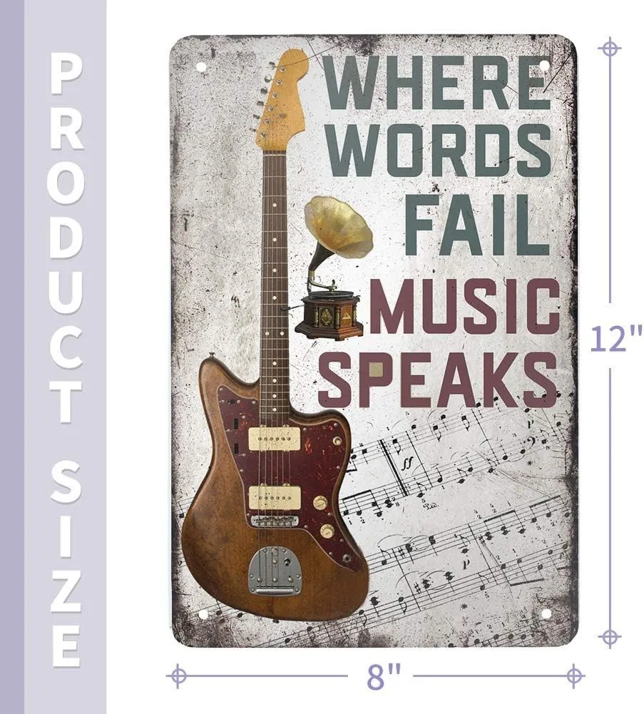 Vintage Tin Metal Sign Where Words Fail Music Speaks Musical Bar 8x12