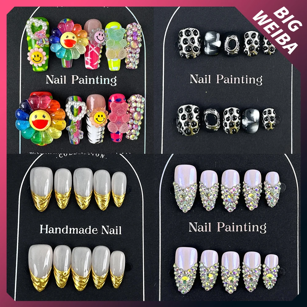 French Diamond 3D Handmade Press On Nail Art Glitter Powder Flower Cartoon Fake Nails Long Coffin Almond Stiletto Nails Tips