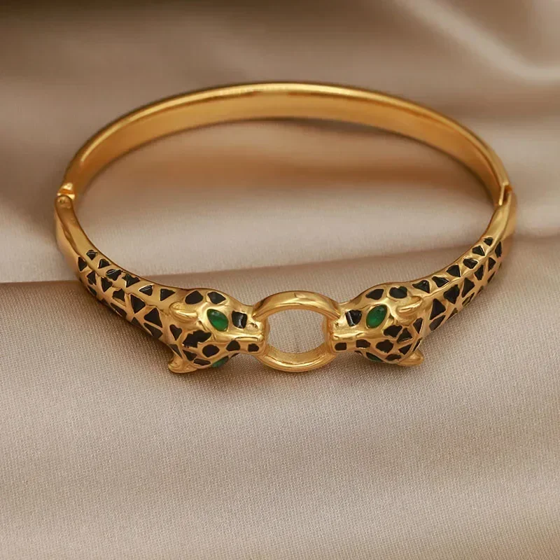 Stainless Steel Black Leopard Bangles for Women Fashion Brand Jewelry Unique Animal Bracelets Party Accessories Gifts