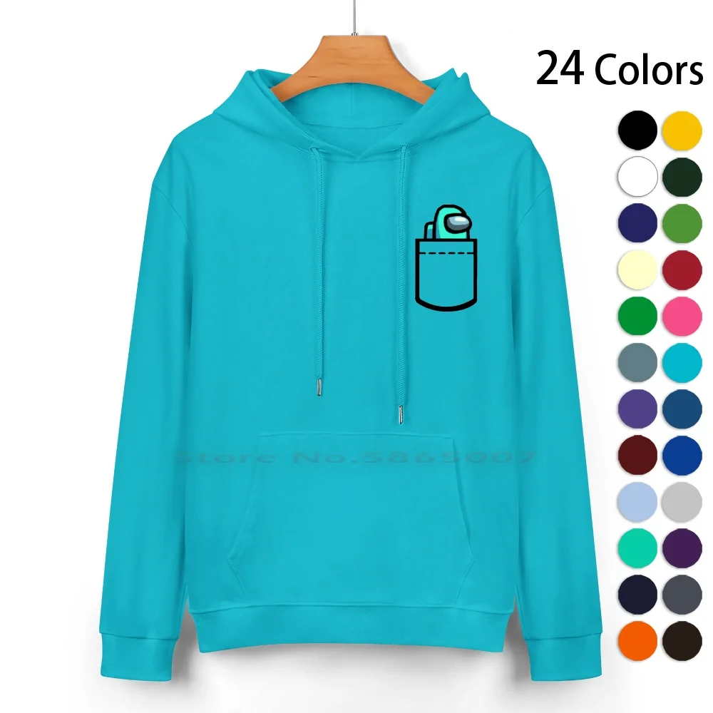 Crewmate Cyan In Pocket Pure Cotton Hoodie Sweater 24 Colors Crewmate Cyan In Pocket Halloween Costume Funny Game Video Game