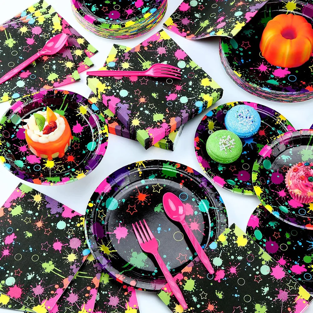 Description Picture 2 of itemNeon Rainbow Birthday Party Supplies Tableware Plates Cups and Napkins Kids Baby Shower Neon and Rainbow Glow Party Decorations