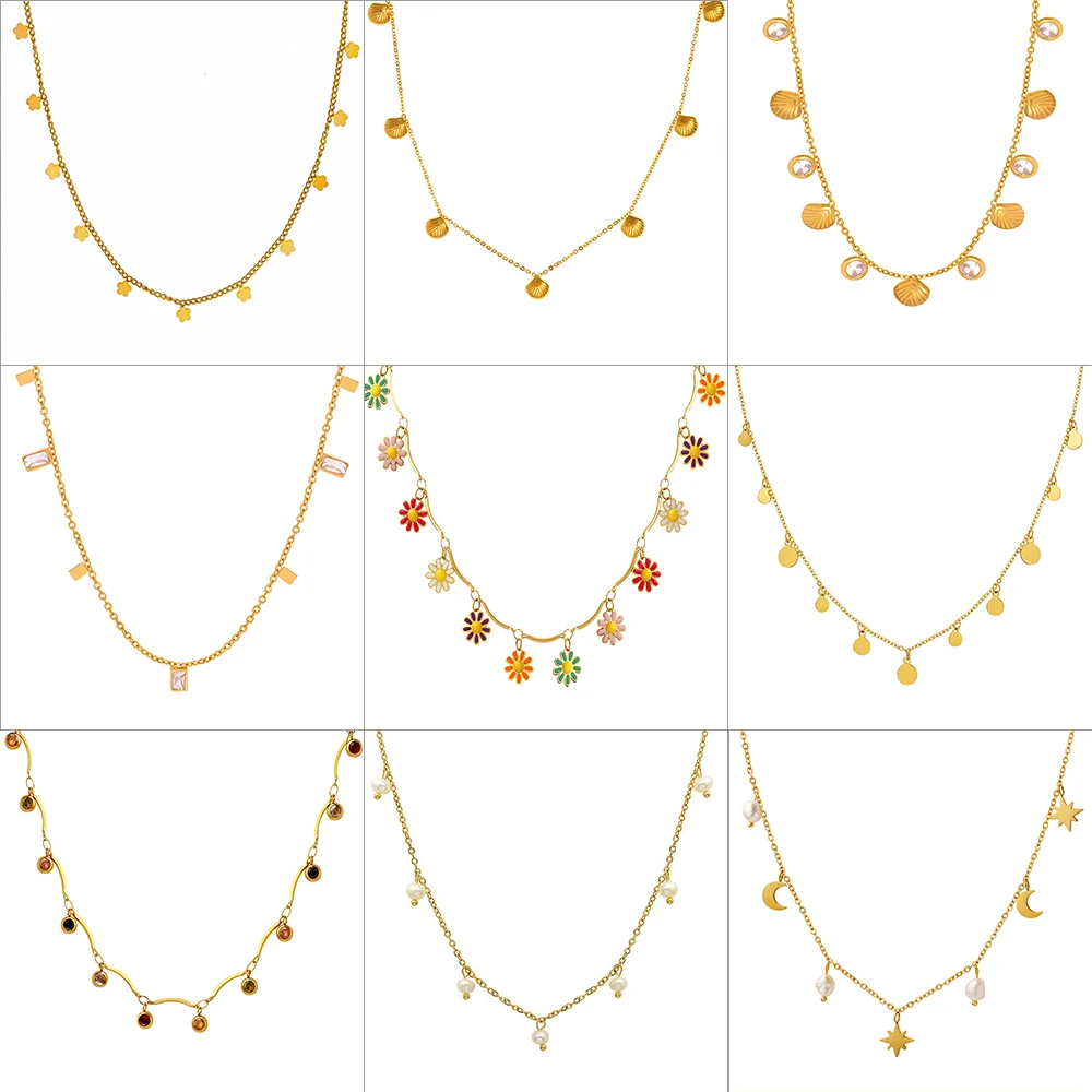 316L Stainless Steel Multi Small Pendant Necklace For Women 18K Gold Plated No Tarnish Women\'s Necklaces Boho Tassel Neck Chains
