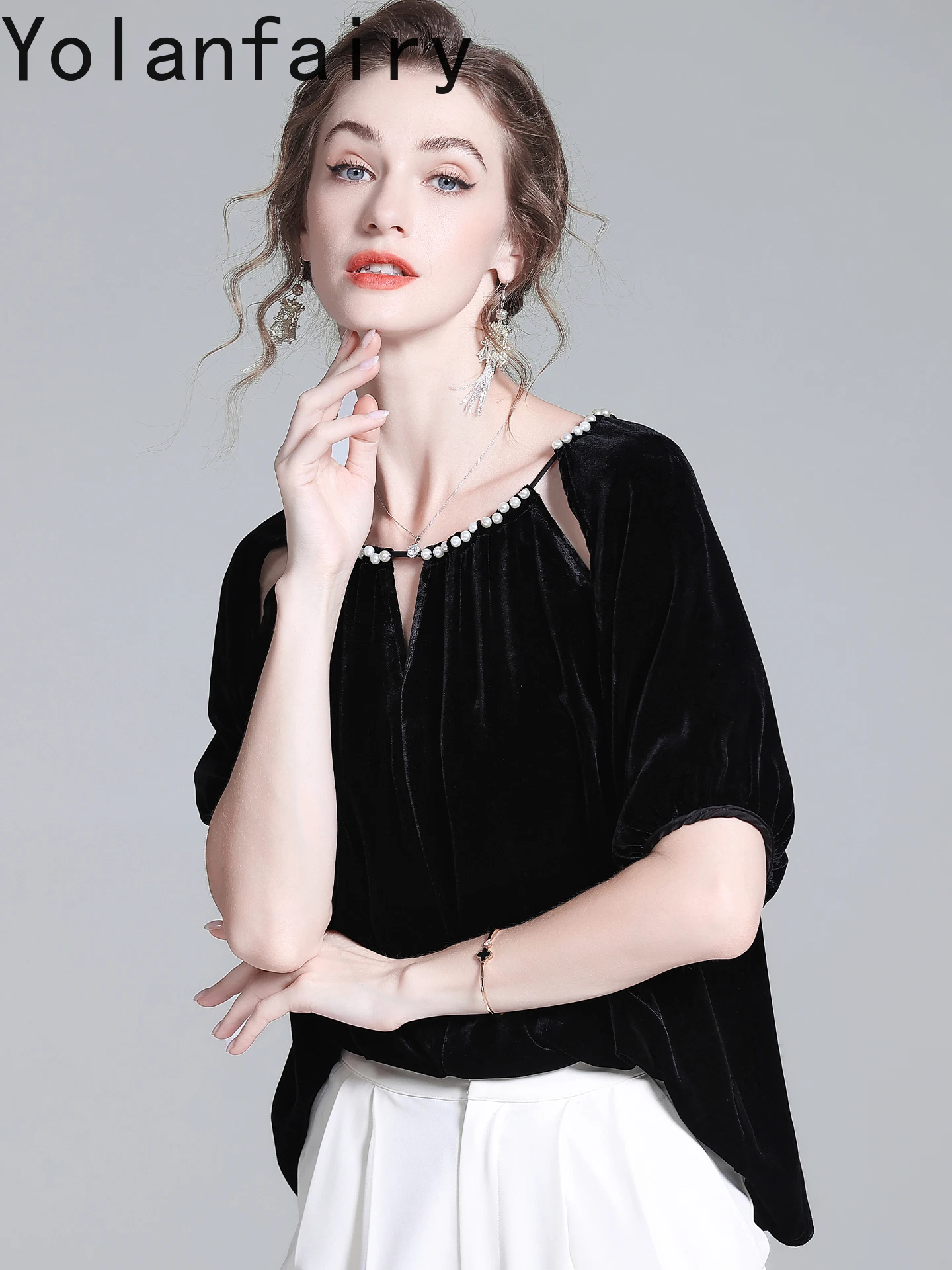 YOLANFAIRY Genuine Mulberry Silk Velvet T Shirts for Woman Autumn 2025 High-end Tee Shirt Femme Hollow Out Women's Tshirt Tops