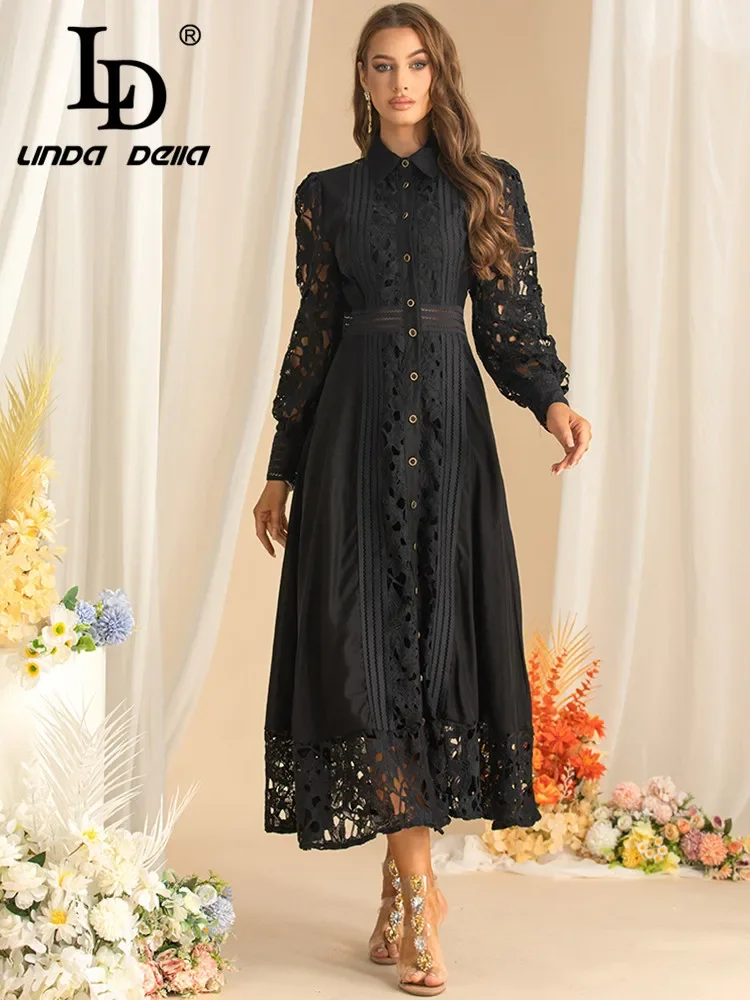 

LD LINDA DELLA Autumn Women's Dress Turn-Down Collar Long-Sleeved Single-Breasted Lace Hollow Out Solid Color Dresses