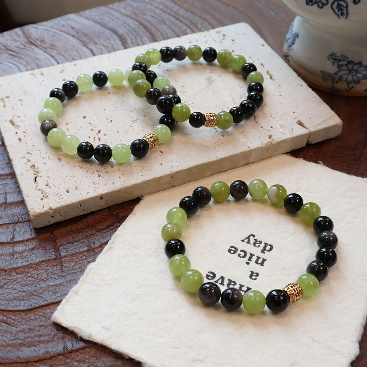 

8mm Natural Black Obsidian & Xiuyan Jade Elastic Strand Bracelet Handmade Minimalist Women Friendship Beaded Bangle Jewelry Gift