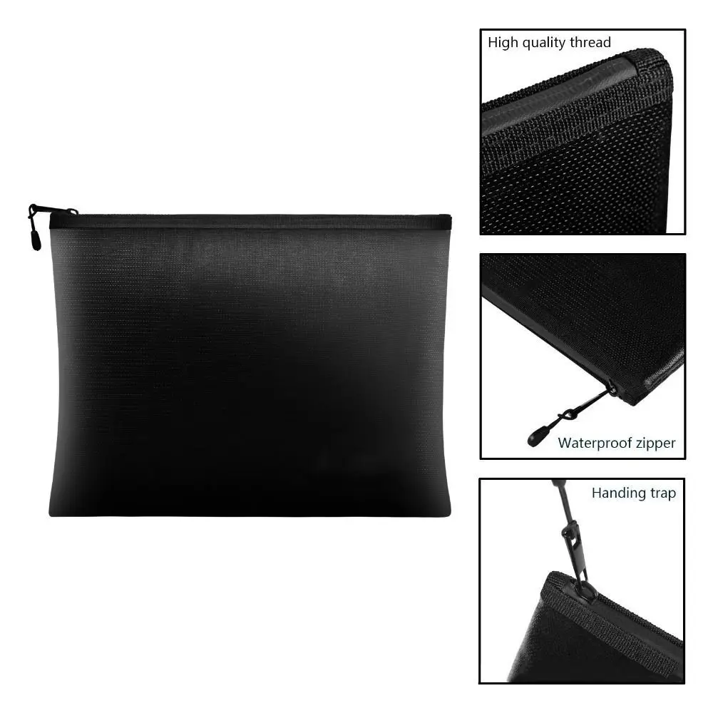 Water Resistant Filing Organizer Pouch with Zipper Sturdy Fireproof Storage Bag Double Closure Protection Black