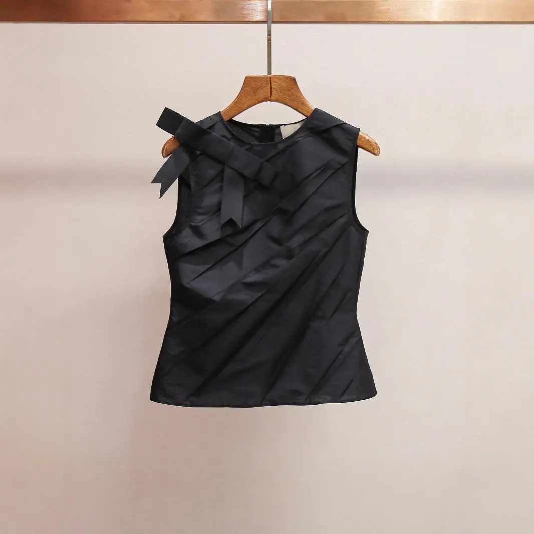

Summer Women's Shirt Design with Knot Sleeveless High End Early Spring New Style Commute Style Pure Color PU Material