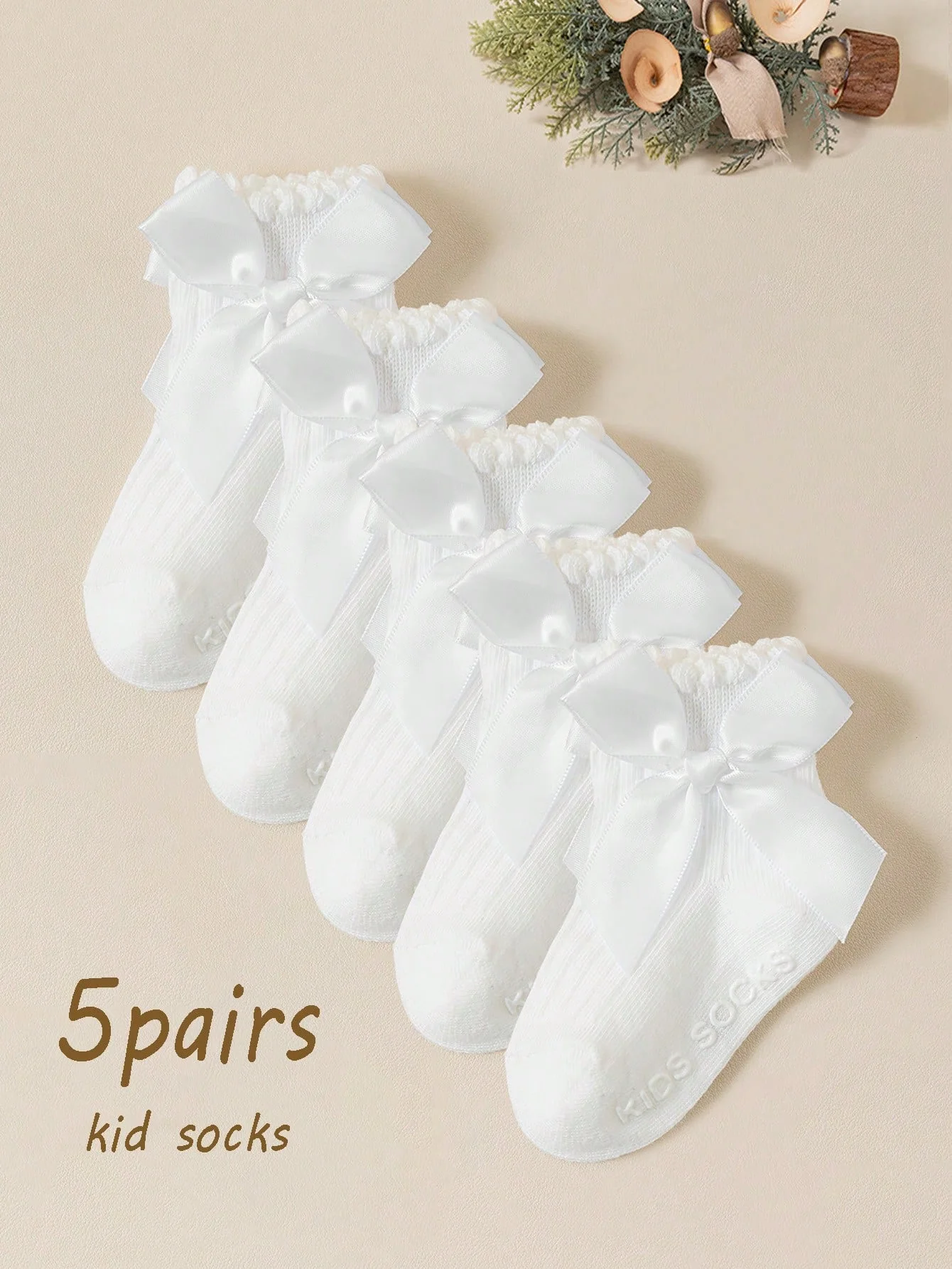 5 Pairs of Baby Girls' White Bubble-Edge Short Socks with Bowknot Decorations, Soft and Adorable Ankle Socks for Baby's Daily Wear