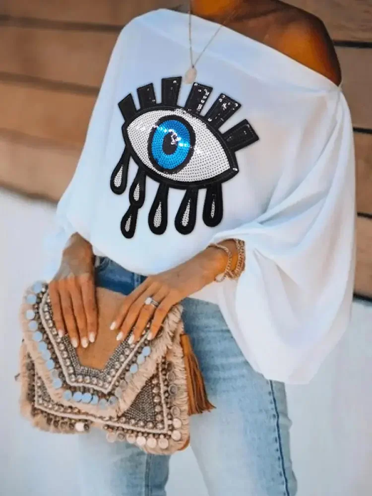 Uoozee 2024 New Women Fashion Blue Eye Applique Solid Color One-Shoulder Casual Tops Summer Loose Puff Sleeves White T-Shirts