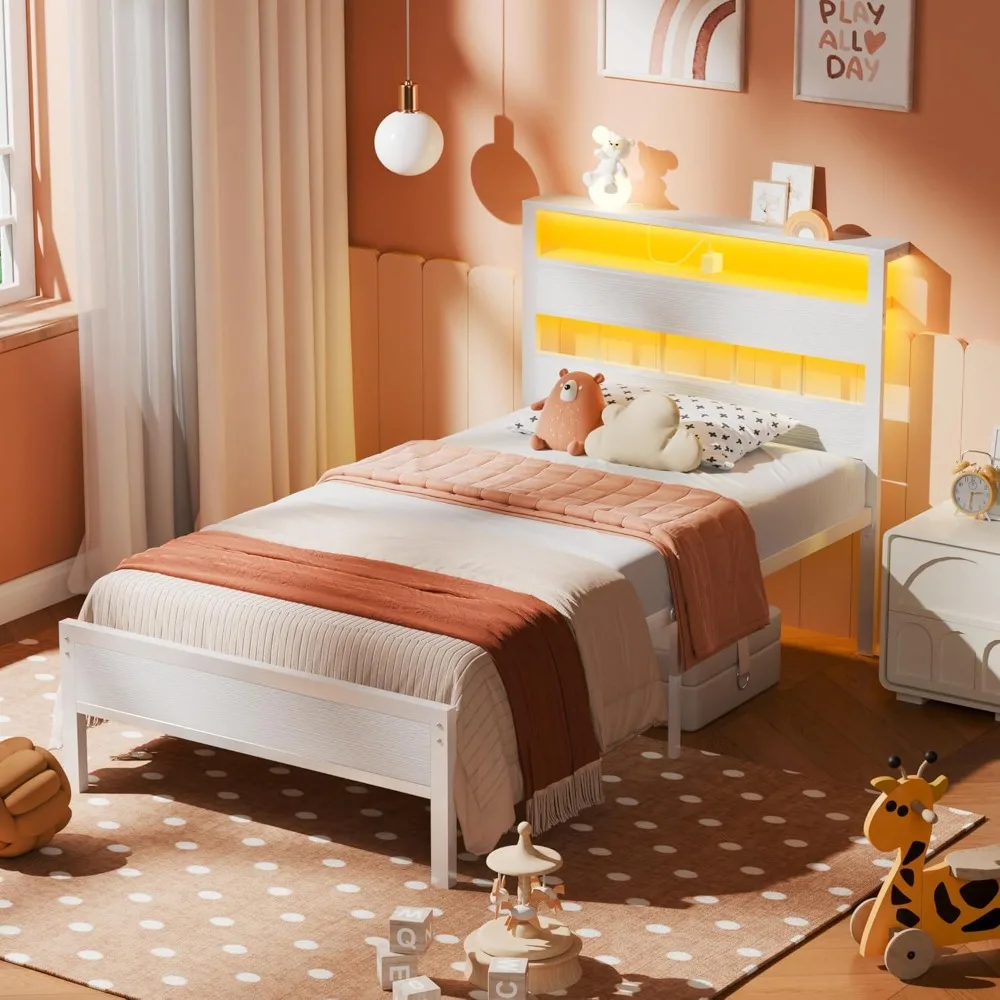 Twin Bed Frames with Charging Station and LED Lights, Wood Headboard with 2-Tier Storage Shelves, Platform Bed with Metal Slats
