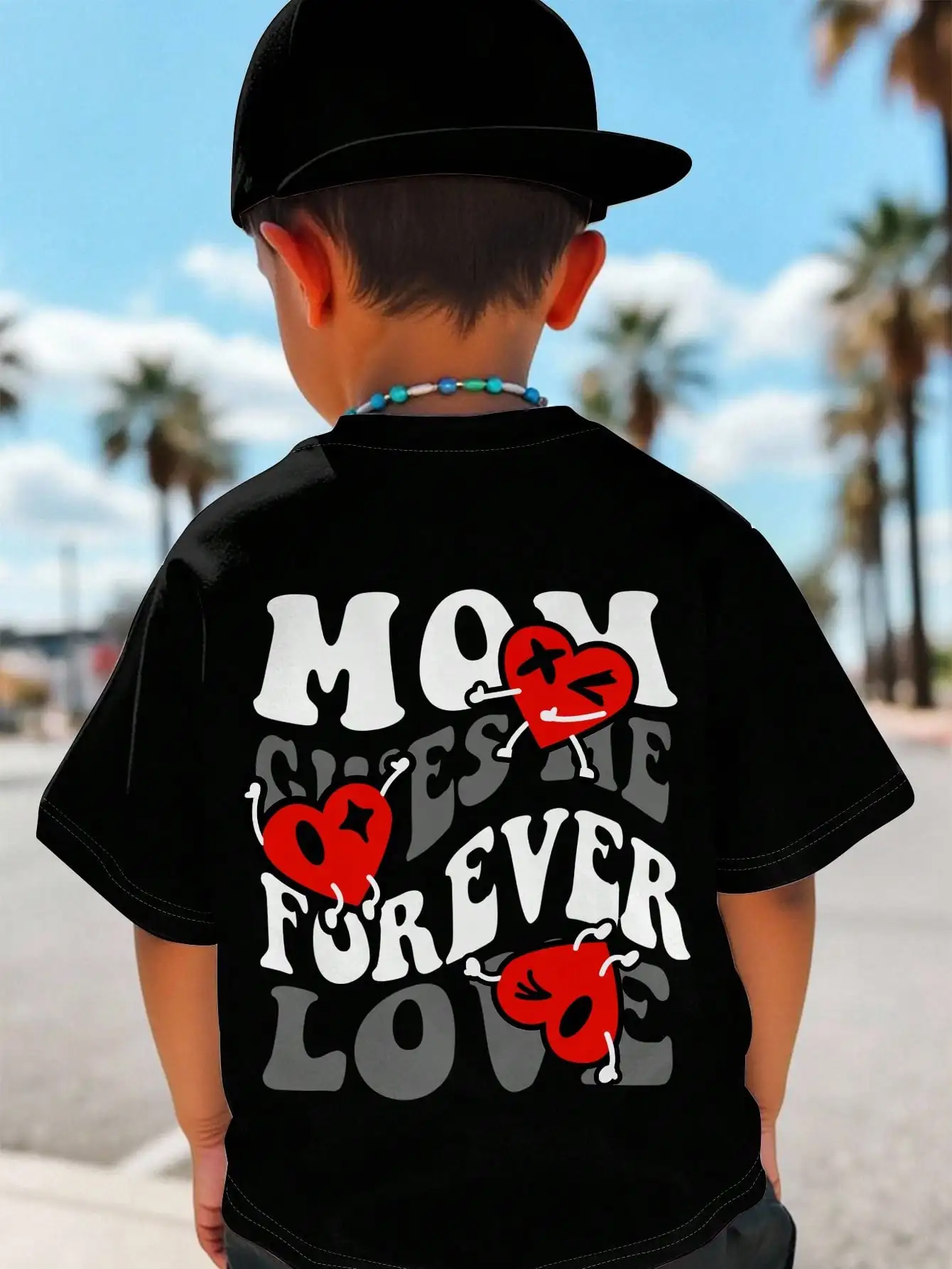 

Black Kids Graphic T-Shirt with Playful Heart Print and Bold Lettering, Cotton Blend, Summer Casual Wear