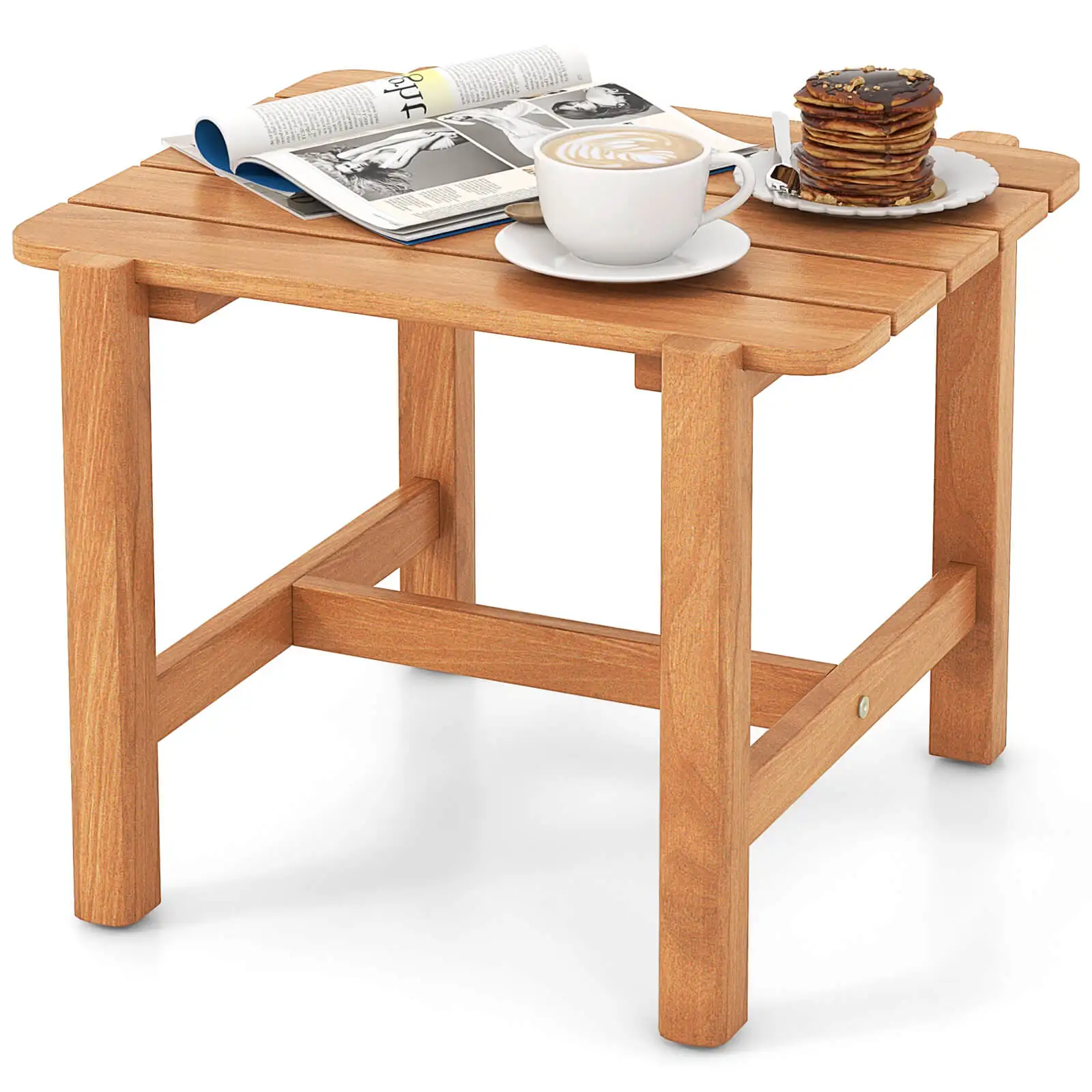 Patio Teak Wood Side Table with Slatted Tabletop Small Coffee Table for Porch