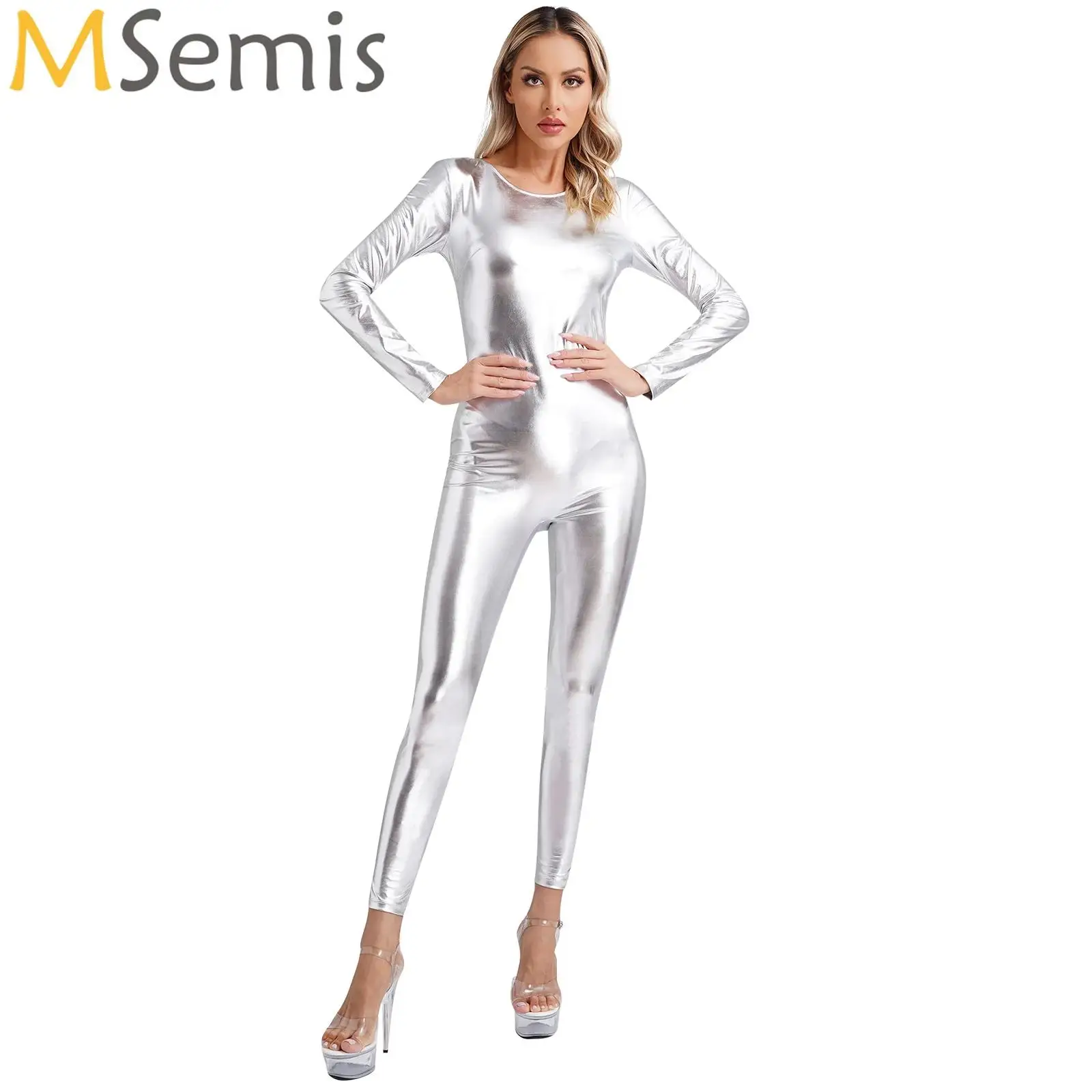 

Women Metallic Jazz Dance Bodysuit One Piece Dancewear Shiny Long Sleeve Slim Fit Full Body Bodysuit Festival Rave Club Costumes