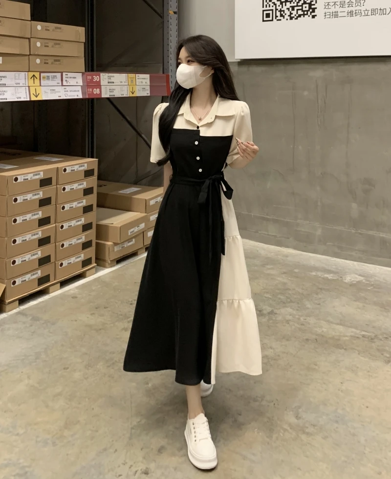 

Large size women's summer clothing, Hepburn style, college style, slim waist design, sense of niche, fake two piece long dress