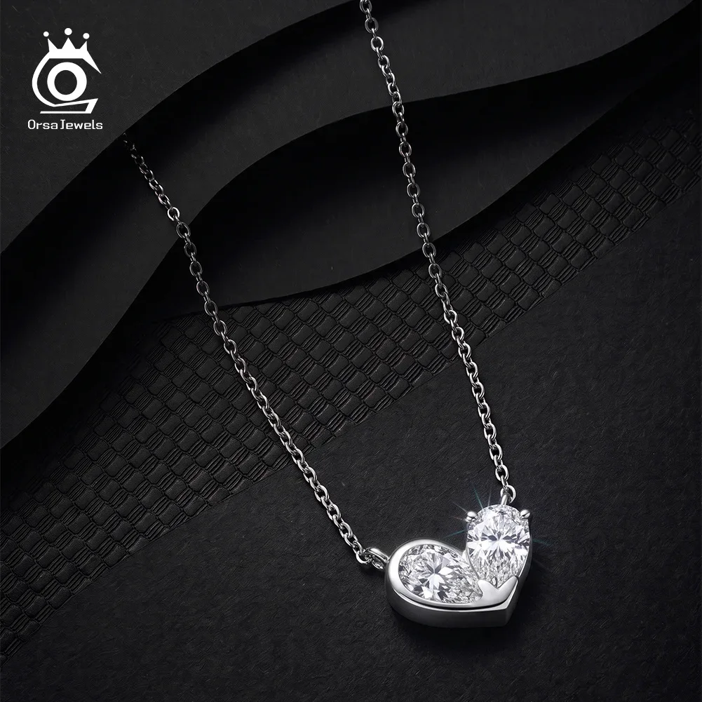ORSA JEWELS Two Pear Shape D Color Moissanite Heart Pendant 925 Sterling Silver Necklace Dainty Jewelry Gift for Women MON21