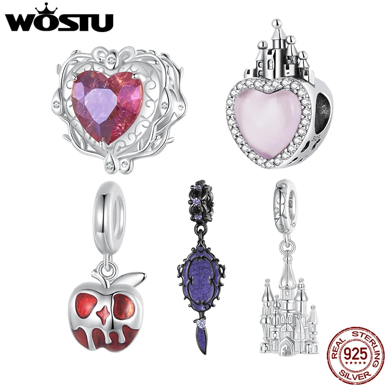 WOSTU 925 Sterling Silver Vintage Castle Beads Magic Mirror Pendant Red Crystal Heart Beads Fit Original Bracelet DIY Punk Gift