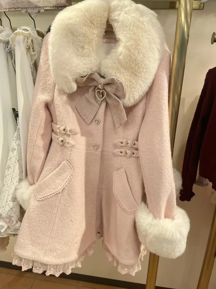 Cappotto invernale da ragazza elegante giapponese tinta unita colletto in peluche delicato fiocco dolce bottone d'amore alla moda capispalla per il tempo libero in pizzo carino