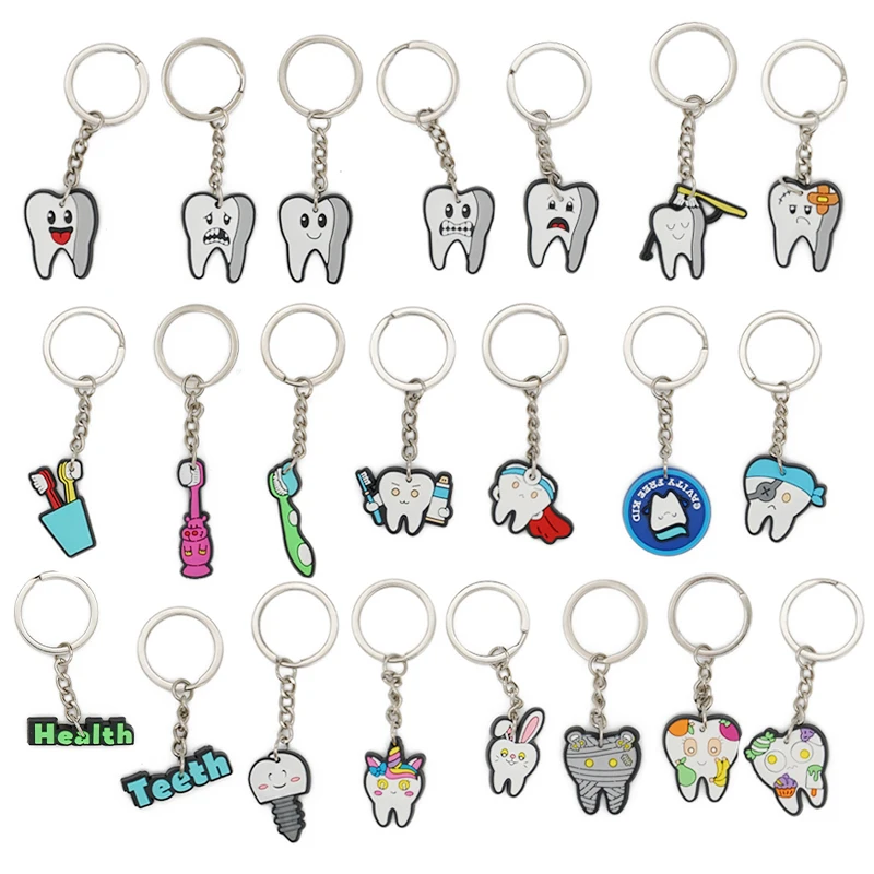 6Pcs PVC Dental Keychain Soft Silicone Teeth Health Toothbrush Key Rings Cartoon Lovely Pendant Souvenir Clinic Accessories