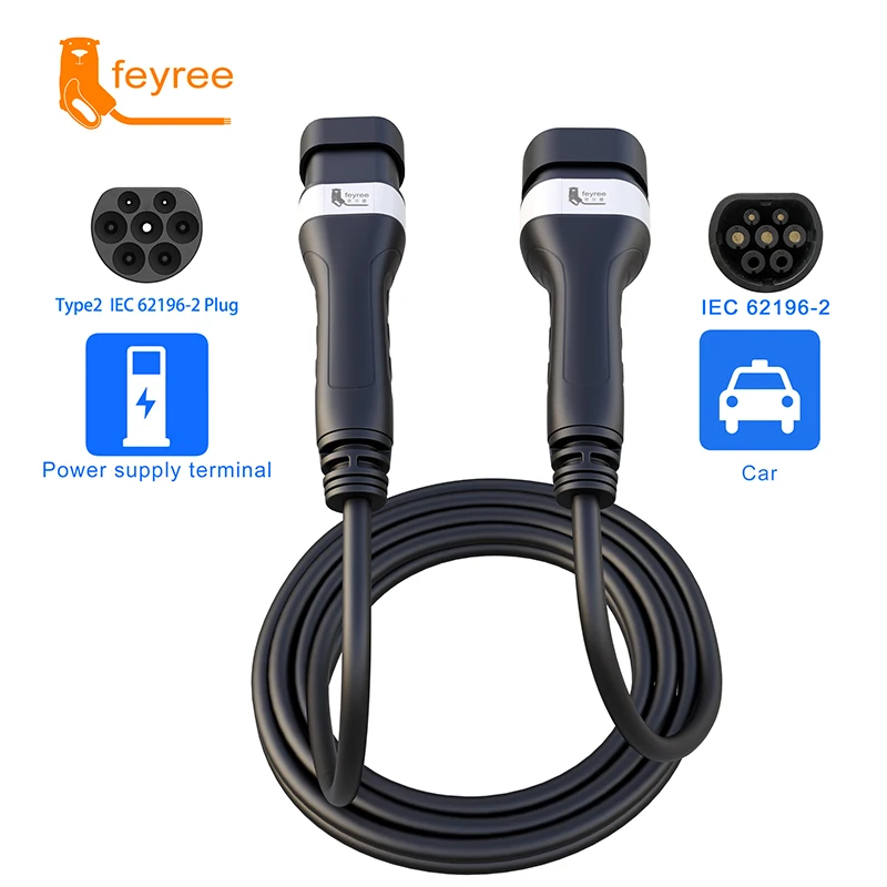 EV Car Charger Type 2 Charging Cable Female to Male 16A 32A 1 Phase 3 Phase IEC 62196-2 Plug with 5M Cable for Electric Vehicle