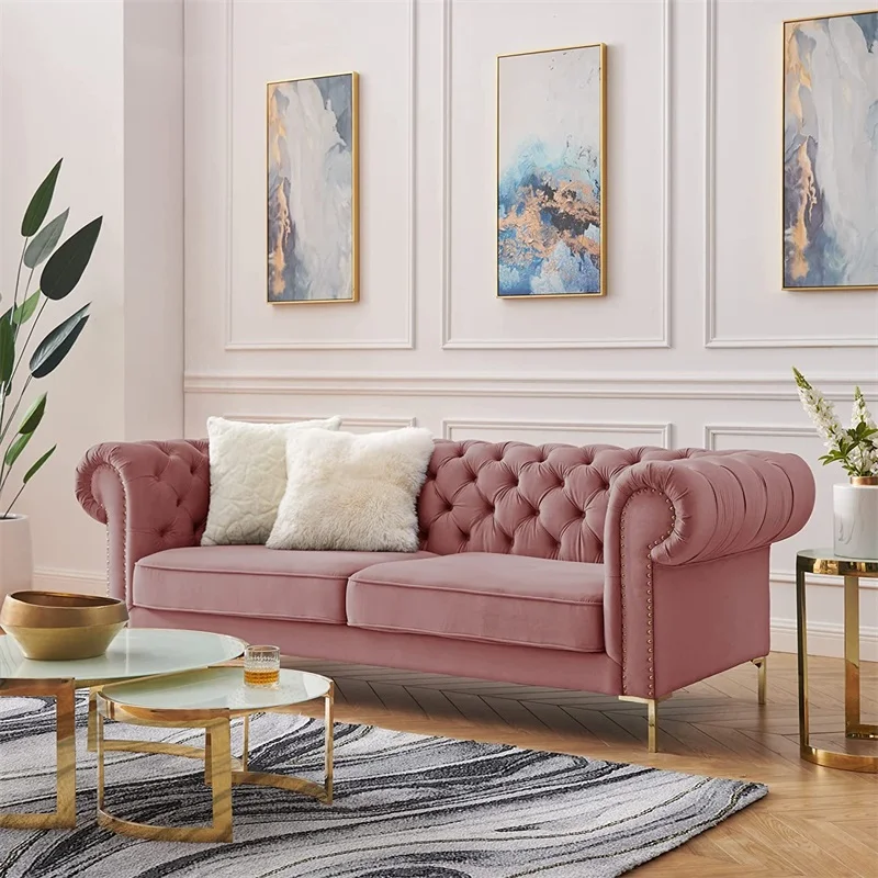 

Nordic modern light luxury American size apartment living room velvet buckle three-person fabric sofa French retro style