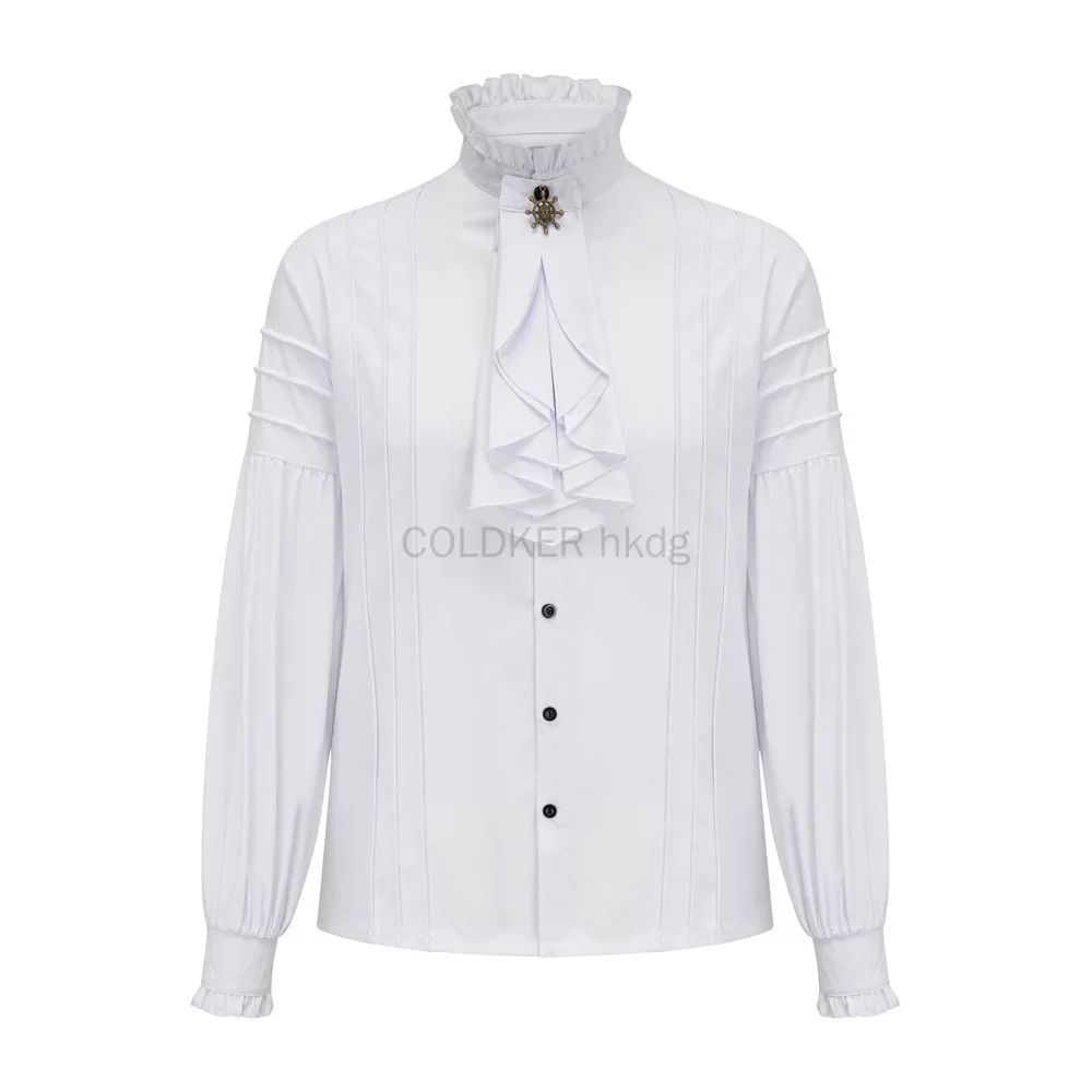 Women White Ruffled Stand Collar Long Lantern Sleeves Pirate Cosplay Victorian Man Shirt Medieval Clothes Gothic Vintage Top