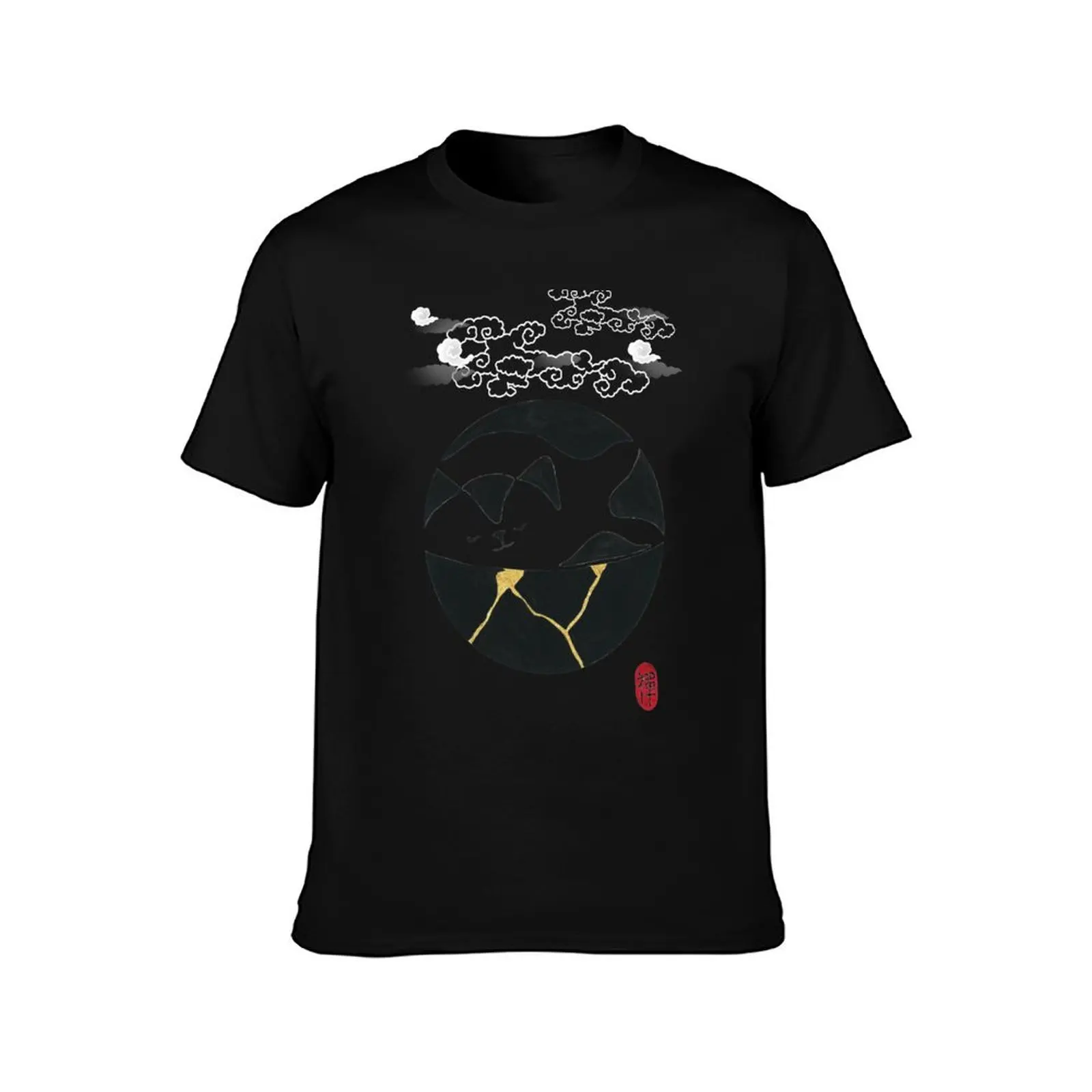Zen Cat Kintsugi T-Shirt Summer Casual Cotton Tee Oversized Streetwear Tops Vintage Graphic Print Loose Fit Short Sleeve