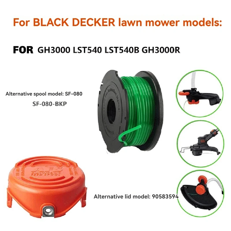 3PCS Trimmer Spool Line + 1PCS Cap SF-080-BKP/90583594 Replace For GH3000 LST540 LST540B GH3000R Lawn Mower Accessories