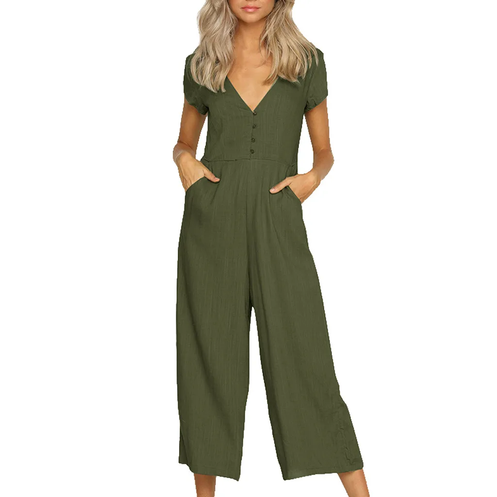 Women V-neck Jumpsuit Solid Color Short-sleeved High Waist Casual Cotton Linen Ladies Jumpsuit Casual Daily Summer Rompers