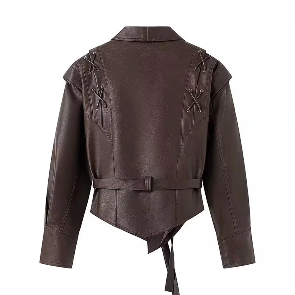 Autumn new women's casual versatile lapel long sleeved belt decoration single breasted solid color PU leather jacket
